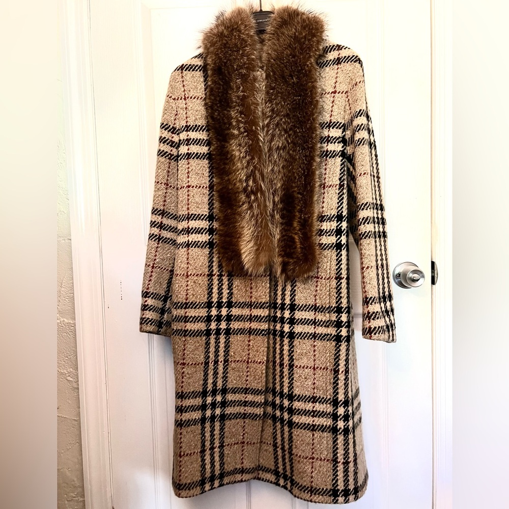 Burberry Beige Plaid Wool Coat with Brown Fur Trim